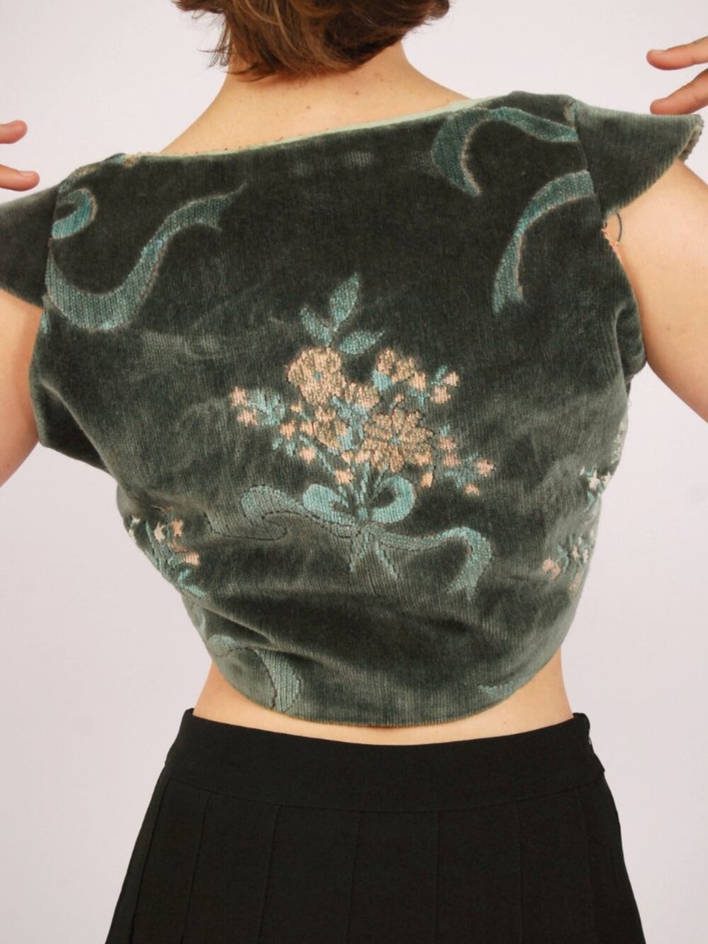 60s Queen Anne Velvet Corset (M) medium green vintage top regency renaissance - Picture 6 of 7